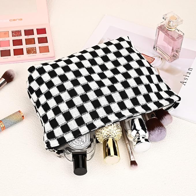 SOIDRAM 2 Pieces Makeup Bag Large Checkered Cosmetic Bag Capacity Canvas Travel Toiletry Bag Organizer Cute Makeup Brushes Aesthetic Accessories Storage Bag for Women, Checkered L Black Brown - Image 7