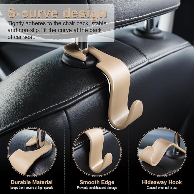 LivTee Car Seat Headrest Hook, Auto Seat Hook Hangers Storage Organizer Interior Accessories for Purse Coats Umbrellas Grocery Bags Handbag, 4-Pack - Image 2