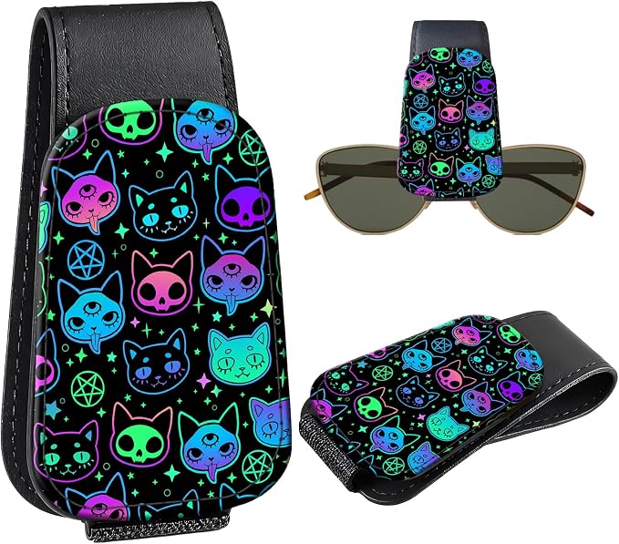 Leather Magnetic Sunglass Holder for Car Sun Visor, Cute Eyeglass Ticket Card Hanger Clip, Universal Auto Interior Accessories for SUV Pickup Truck, Neon Cat by Unknown