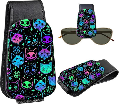 Leather Magnetic Sunglass Holder for Car Sun Visor, Cute Eyeglass Ticket Card Hanger Clip, Universal Auto Interior Accessories for SUV Pickup Truck, Neon Cat by Unknown