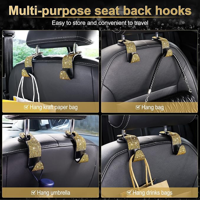 LivTee Car Seat Headrest Hook, Auto Seat Hook Hangers Storage Organizer Interior Accessories for Purse Coats Umbrellas Grocery Bags Handbag, 4-Pack(Bling Gold) - Image 5