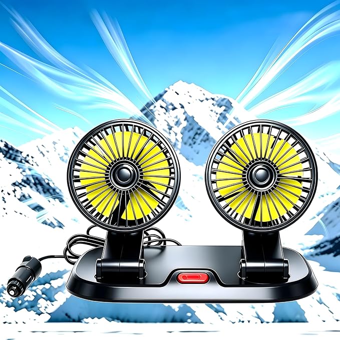 12V Dual Head Car Cooling Fan for Broken AC, 360° Rotatable | Cigarette Lighter Plug, 2-Speed Quiet Brushless. No-Block Dashboard Design. Light Truck, Van, RV, Backseat Passengers. by Unknown