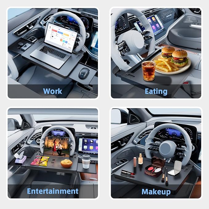 Steering Wheel Tray, Car Food Tray, Car Desk for Laptop, Multipurpose Car Table for Eating & Work, Adjustable Car Tray with Drawer and Anti-Slip Protective Adhesive - Image 2