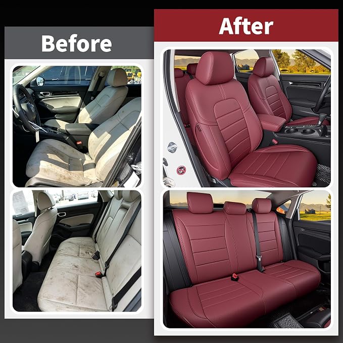 HKZ Custom Fit Civic Seat Cover Full Set for Honda Civic 4 Door (Hatchback 2022-2026 Sport Touring)&(Hatchback 2022-2024 EX-L) 5-Seats Full Set,Leather Seat Protector(Burgundy) - Image 7