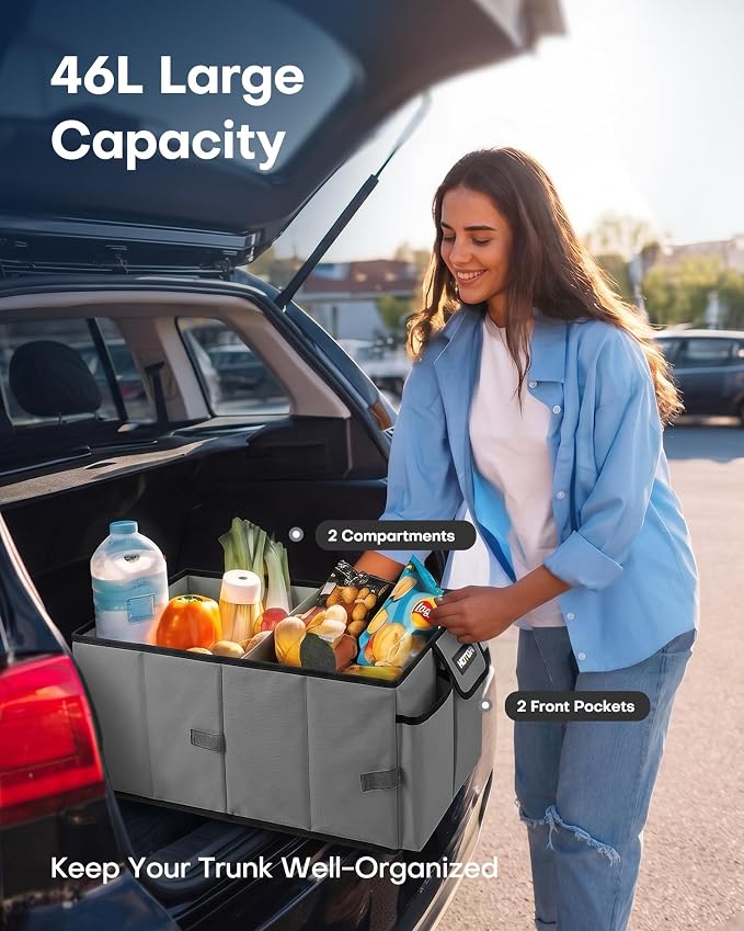 HOTOR Trunk Organizer - Foldable Car Organizer for SUVs & Sedans Storage | Sturdy Car Organization for Men & Women, Car Accessories, Tools, Sundries, Grey, 2 Compartments, 23.6" x 14.2" x 10.6" - Image 3