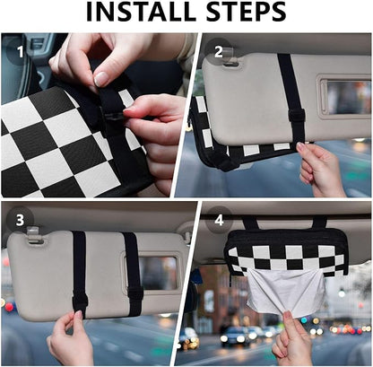 Car Tissue Holder Napkin Box Dispenser Storage Case Sun Visor Mask Holder With Adjustable Straps Reusable Refillable Checkered Black and White - Image 5