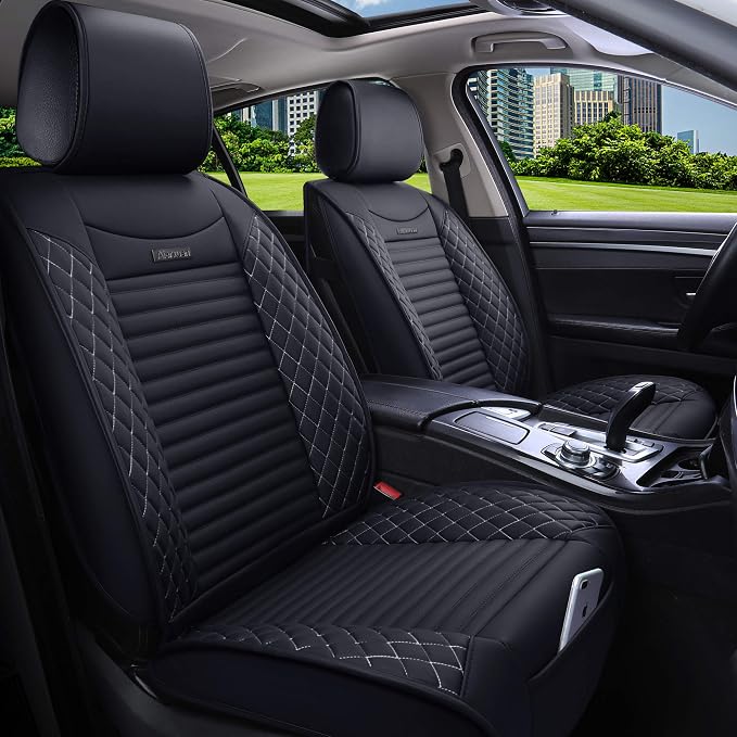 2 Waterproof Leather Front Seat Covers for Car, Black-White | Universal Fit for Honda Mazda Audi Benz Cx5 Renegade Highlander Toyota Corolla 4Runner Nissan Altima Rogue - Image 2