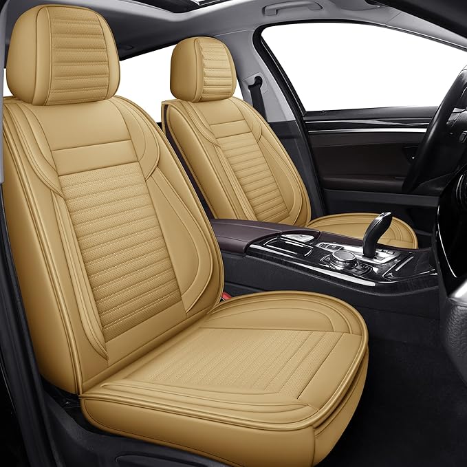 Front Car Seat Covers, Faux Nappa Leather for Sedan SUV, 2 Seats | Waterproof, Breathable and Airbag Compatible, Helps Reduce Slipping, Beige by LingvidoSeatCover