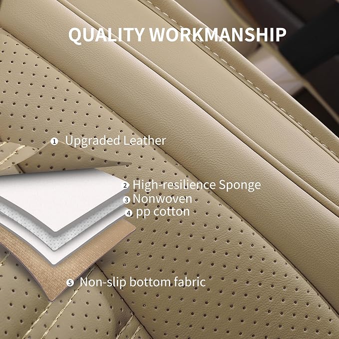 HChengkikz Nappa Leather Car Seat Covers Full Set, Beige Car seat Protector 5 Seats, Waterproof Car Seat Cushion, Universal Automotive Seat Covers Fit for SUV Truck Pick-up Sedan, Front and Rear | Easy Maintenance, Airbag Compatible, Universal Fit For ... - Image 7