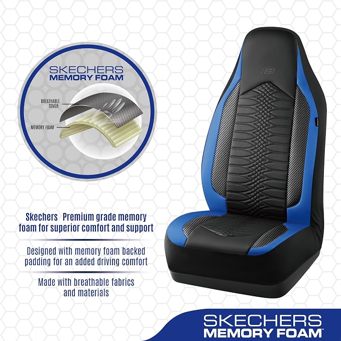Skechers Memory Foam Car Seat Covers, Leather High Back Seat Covers Quilting Design,Waterproof Sports Car Seat Covers Front Seats,Airbag Compatible, Universal Fit for Most Cars, SUVs,Trucks,Blue - Image 4