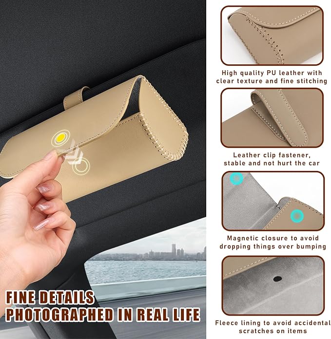 Augeny Sunglasses Holder for Car Sun Visor, Leather Auto Eyeglasses Storage Case with Hidden Magnetic Closure, Protective Glasses Organizer Box, Vehicle Visor Accessories for Woman Man (Beige) - Image 3