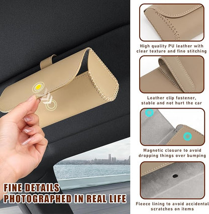 Augeny Sunglasses Holder for Car Sun Visor, Leather Auto Eyeglasses Storage Case with Hidden Magnetic Closure, Protective Glasses Organizer Box, Vehicle Visor Accessories for Woman Man (Beige) - Image 3