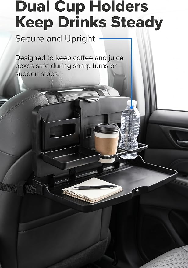 Car Back Seat Tray Table, Foldable Multifunctional Car Tray for Eating Working, Adjustable Travel Desk with Phone & Cup Holder, Universal Car Seat Desk Tray for Rear Passenger & Kids (Black) - Image 6