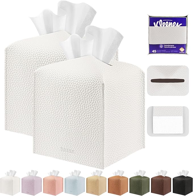 Tissue Box Cover Holder Square Tissue Cube Cover PU Leather Tissue Organizer with Bottom Belt for Bathroom, Tabletop, Car, Night Stands, Office, Home, Kitchen (2, White) by DecorateYourHome