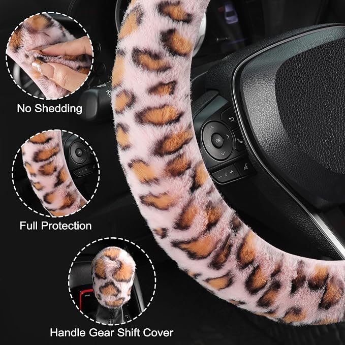 SEG Direct Fluffy Furry Steering Wheel Cover Fuzzy Gear Shift Pink Leopard | 2 PCS Set, Soft and Warm, Cute Fur Auto Car Decor, Standard Size 14.5- 15 inch for Women Men - Image 4