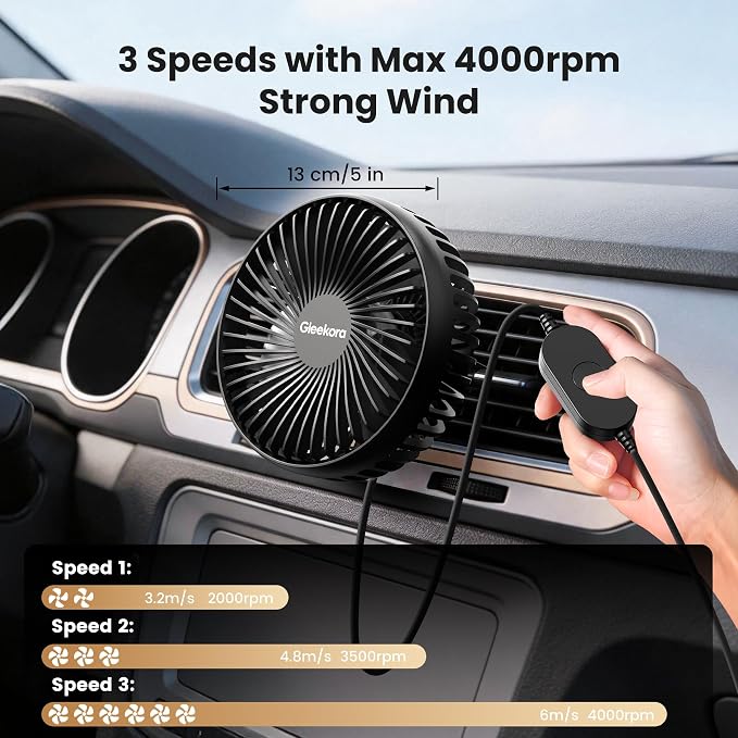 5'' USB Car Vent Fan, 3-Speed with Memory Function, 8.2ft Cord | Clip-On Air Circulation & Cooling Fan, for Vehicle, SUV, Van, RV,Truck - Image 3