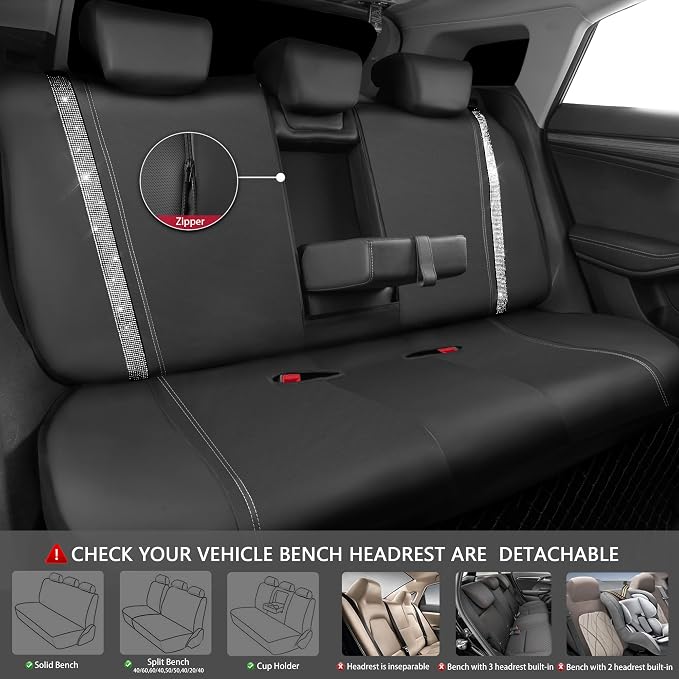 CAR PASS Bling Rhinestone&Leather Back Seat Cover, Waterproof Bench Rear Seat Cover Shining Diamond Universal Fit Automotive Glitter Crystal Sparkle Strips for Kid Women Girl, Silver Diamond - Image 2