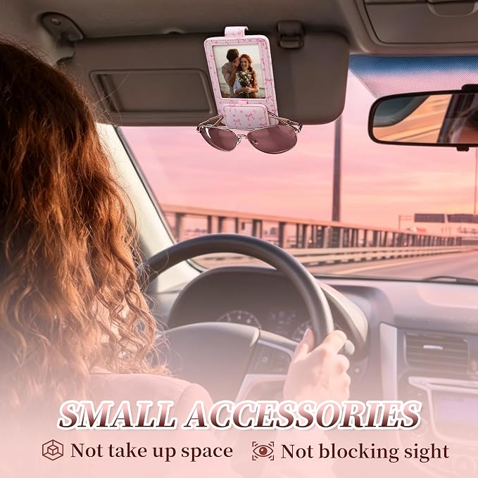 Sunglass Holder for Car, 2 in 1 Sunglass Visor Clip with Photo Frame | Leather Cloth, Magnetic Interior Car Accessories, Holds Paper Tickets, Universal Visor Fit, Custom Photo Slot, Pink - Image 5