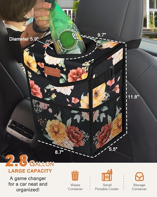 Pritent Car Trash Can with Lid Leakproof Car Garbage Bag Vehicle Trash Bin | Hanging Automotive Garbage Can,Multipurpose Car Accessories for Women Men Interior Car Storage Organizer(2.8 Gal,Rose) - Image 2