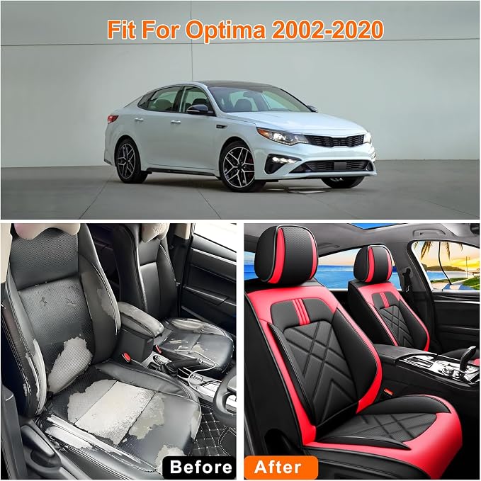 Optima Seat Covers Custom Fit for Kia Optima 2002-2020, Full Coverage Leather Waterproof Breathable Seat Covers Full Set, Automotive Seat Protectors, Airbag Compatible(5 Seats, Red & Black) - Image 5