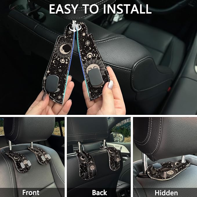 Blusabaca 2PCS Car Seat Headrest Hooks, Purses Bags Holder, Sun and Moon | PU Leather, Double Metal Back Storage Hangers for Grocery Bags Handbags Bottles Coats Phones, Car Accessories Organization - Image 6
