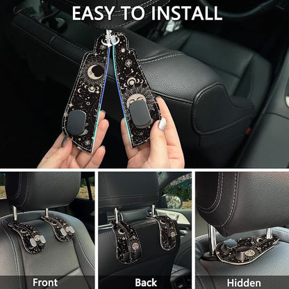 Blusabaca 2PCS Car Seat Headrest Hooks, Purses Bags Holder, Sun and Moon | PU Leather, Double Metal Back Storage Hangers for Grocery Bags Handbags Bottles Coats Phones, Car Accessories Organization - Image 6