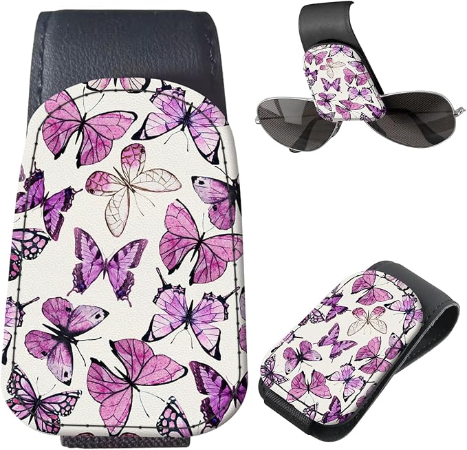 Sunglasses Holder for Car Visor, PU Leather Glasses Clip Organizer, Cute Magnetic Eyeglass Holder for Vehicle Sun Visor, Car Interior Accessory for Women & Men Pink Purple Butterflies by Unknown