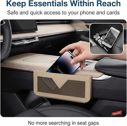 Car Seat Side Pocket Organizer, 9.45" x 3.94" Self-Adhesive Elastic Mesh Storage Pouch, PU Leather Car Interior Phone Cards Console Organizer, Universal for Most Cars SUVs (Beige) - Image 5