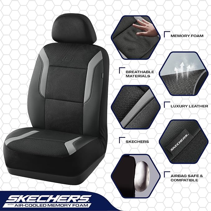 Skechers Memory Foam Car Seat Covers, Air Cool Mesh Thick Seat Covers, Car Seat Full Sets, Airbag Compatible, Automotive Comfort Protection for Most Cars,Vans,Trucks, SUVs,Grey - Image 4