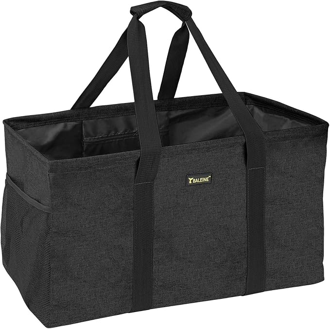 BALEINE Extra Large Utility Tote Bag with Reinforced Wire Frame, Reusable Grocery Bag for Shopping, Picnic (Black, 22''x12''x10'') by BALEINE