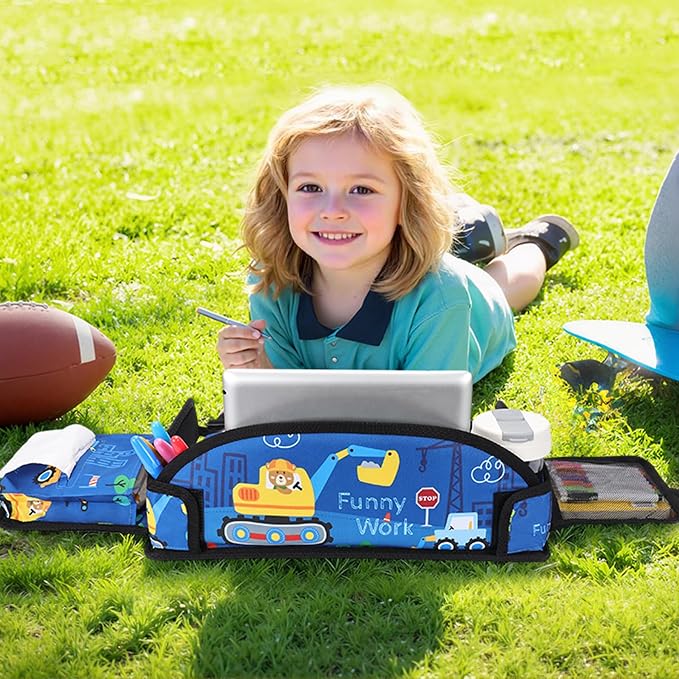Kids Travel Tray for Toddler Car Seat, Road Trip Activities for Kid | Toddler Car Activities with No-Drop iPad Holder Stand, Roadtrip Essentials with Dry Erase Board & Cooler Cup Holder, Blue - Image 2