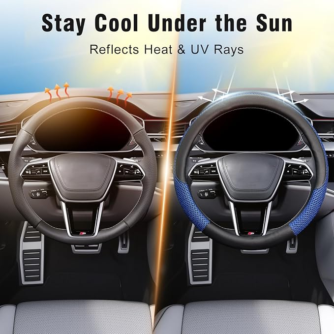 KAFEEK Steering Wheel Cover, Cooling Ice Silk Leather, 15 Inch, Blue | Breathable Mesh, Anti-Slip Car Grip, Heat Resistant for Summer, Sweat Proof Comfort - Image 4
