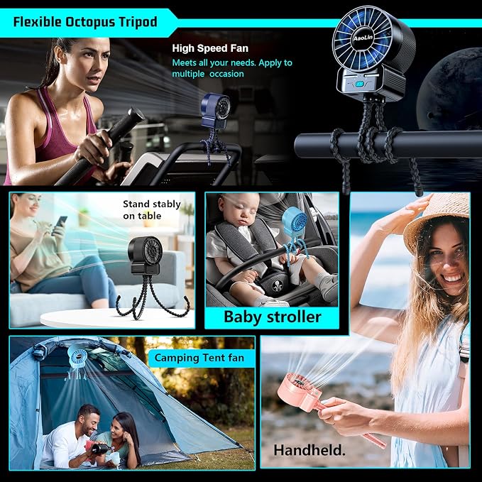 2 Pack Multifunctional Portable Stroller Fan 4 Speed 6600rpm High Speed Usb Rechargeable Personal Mini Handheld Fan Extended Tripod For Desktop Winding Kids Bed Treadmill Bike Golf Cart Outdoor Travel - Image 6