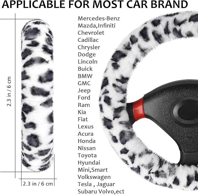 Accmor Fuzzy Car Steering Wheel Cover, Universal Fit Fur Auto Wheel Cover & Handbrake Cover & Gear Shift Cover Set, Leopard Winter Warm Fluffy Vehicle Wheel Protector Car Accessories for Men Women - Image 2
