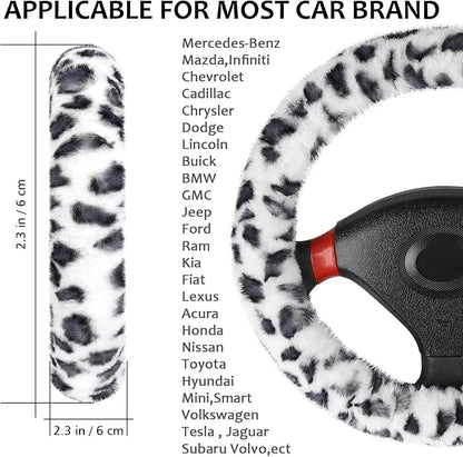 Accmor Fuzzy Car Steering Wheel Cover, Universal Fit Fur Auto Wheel Cover & Handbrake Cover & Gear Shift Cover Set, Leopard Winter Warm Fluffy Vehicle Wheel Protector Car Accessories for Men Women - Image 2