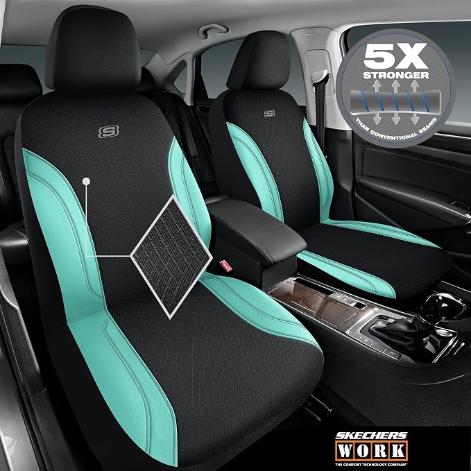 Skechers Work Seat Covers, Leather Car Seat Covers 5-Times Stronger Built-in Webbing, Oxford Fabric Seat Cover Full Sets, Airbag Compatible, Automotive Comfort for Cars, Trucks, SUVs,Mint - Image 2