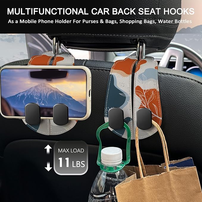 Blusabaca 2PCS Car Seat Headrest Hooks, Purses Bags Holder, Abstract Leaf | PU Leather, Double Metal Back Storage Hangers for Grocery Bags Handbags Bottles Coats Phones, Car Accessories Organization - Image 3