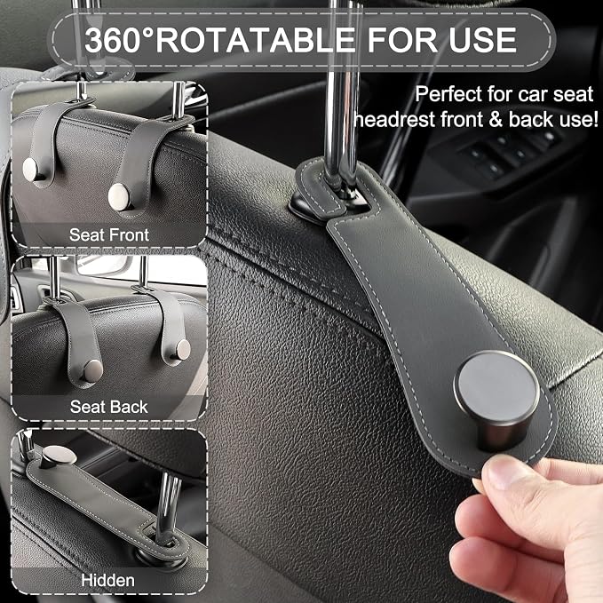 JESTOP Car Headrest Hooks 2 Pack Leather Car Seat Storage Hangers, Gray | Stylish Leather & Alloy Car Seat Organizer Hooks for Purses Bags Handbag Coat Umbrellas, Car Inside Accessories, Up to 44lb - Image 4