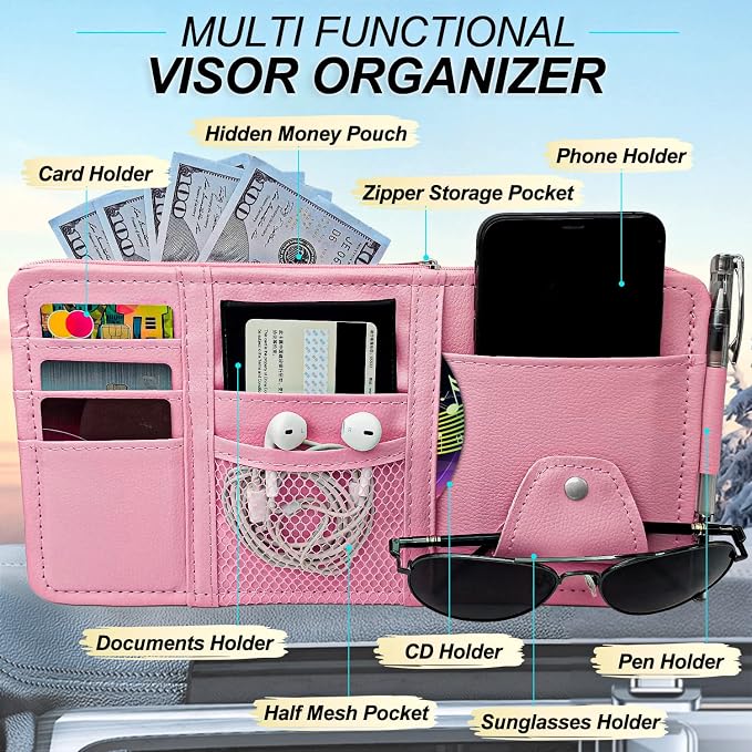 Keedolla Car Sun Visor Organizer, Truck Visor Organizer Car Sun Storage Pocket Pouch Case Bag for Sunglasses, Cards, Pens and Document - Pink - Image 2
