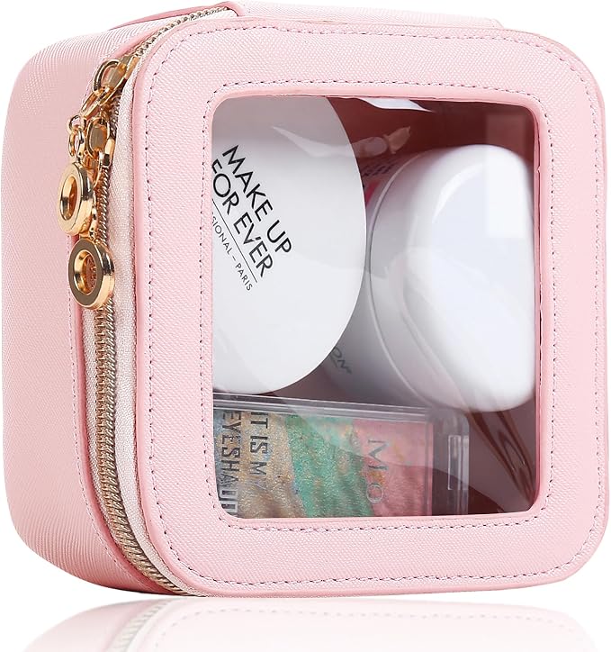 Small Clear Makeup Bag for Purse, Cute Mini Clear Cosmetic Bag Case Organizer, TSA Approved Square Small Makeup Case Pouch with Zipper, Car Travel Purse Essentials for Women (Pink, S) by JRQCSJY