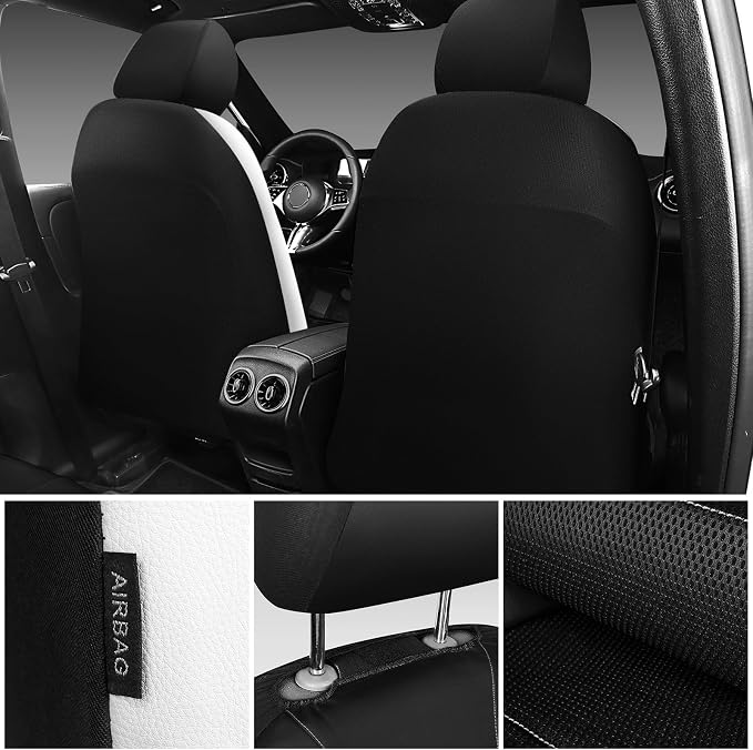 CAR PASS Universal Front Leather Car Seat Covers with Sporty Design, Breathable All Season Easy to Clean Anti-Slip Wear-Resistant Automotive Seat Covers Fit for Most Cars, SUVs, Trucks, Black & White - Image 3