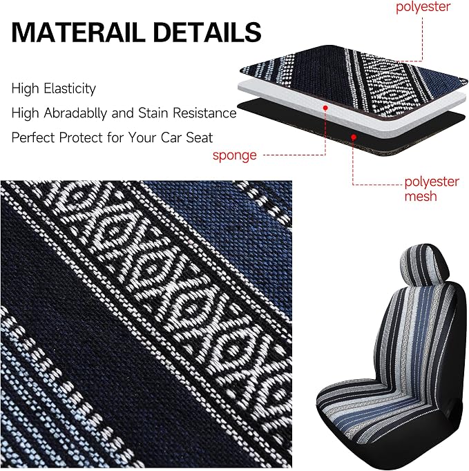 HAIYAOTIMES Baja Saddle Blanket Car Seat Covers Front Set with Seat Belt Pads, Washable Breathable Seat Covers for Cars, Universal Fit Interior Covers for Most Sedan Truck SUV, Airbag Compatible, Blue - Image 5