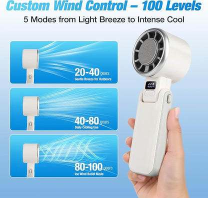 Portable Ice Cooling Handheld Turbo Fan, 100 Speeds, 4000mAh, Speed Display | 15,500 RPM brushless motor, USB-C charging, digital display, foldable desk mode and wearable neck use with included lanyard. - Image 6