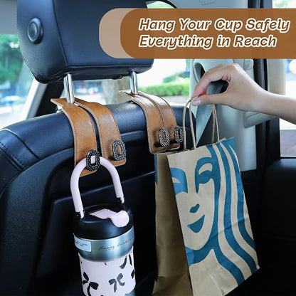 Car Headrest Hooks Universal Car Purse Hook Premium Leather and Alloy Twin Hook Car Seat Back Storage Hanger Hook for Purse Bags Cloth Drink Durable Holder Car Accessories (BH09-Brown-Black) - Image 9