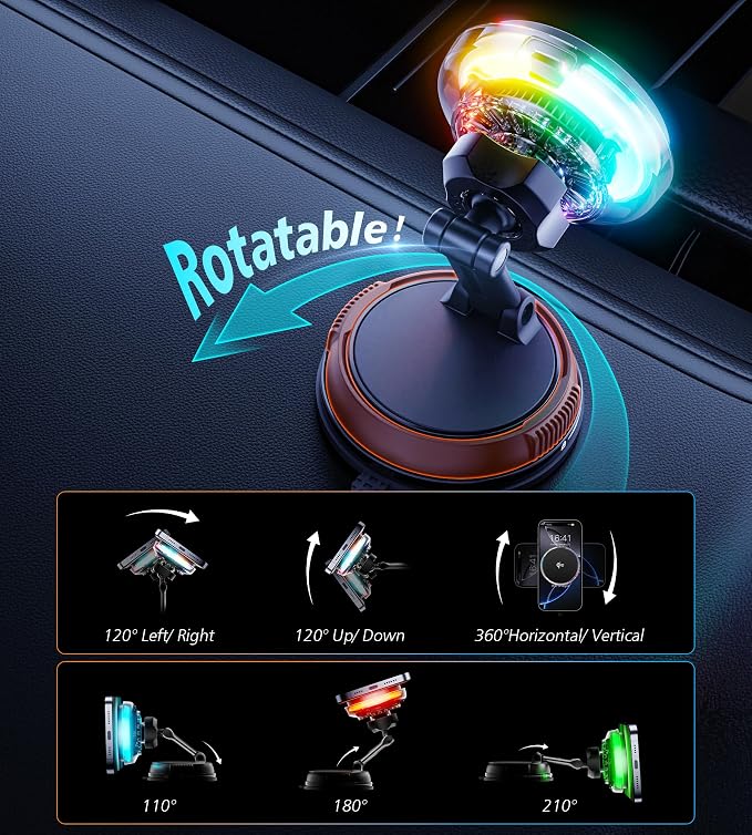 for Qi2 15W MagSafe Car Mount Charger with Cooling Fan, [Rapid Charging Cooler with RGB Lights], 78+LBS Stronger Suction Wireless Magnetic Mount on Vent/Dash/Windshield, for iPhone 17 16 15 14 13 12 - Image 9