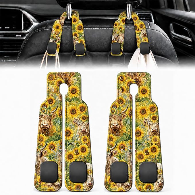 2 Pack Highland Cow Sunflower Car Headrest Hooks for Purse Bag Hanger | Highland Cow Car Accessories Metal Hook, Western Gifts for Women, PU Leather Double Hook for Backseat Organizer by Z-synka