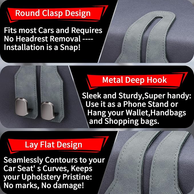 Car Purse Hook, Car Seat Headrest Hooks, Grey Leather 2 Pack | Car Purse Holder Hooks, Universal Car Hangers Seat Back Organizer Storage, Double Metal Hooks for Grocery Purses and Bags - Image 4