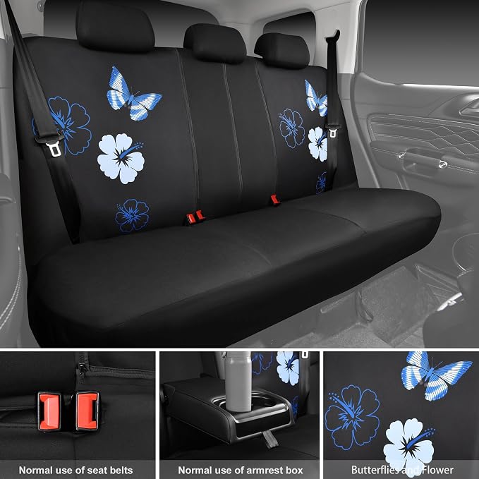 CAR PASS Blue Butterfly Car Seat Covers Full Set, Embroidered Flower Waterproof Car Floor Mats Carpet, Butterflies Steering Wheel Cover for Universal Car Accessories Interior Sets (Black and Blue) - Image 8