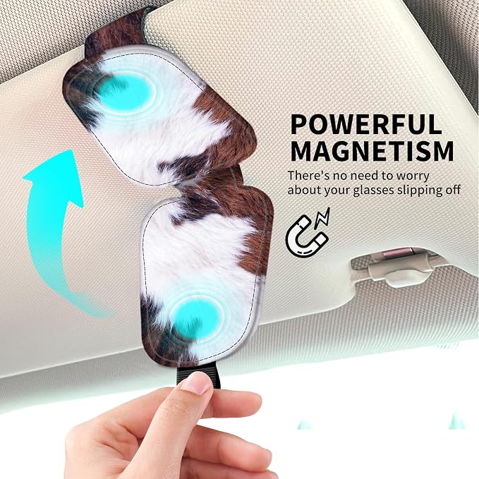 Leather Magnetic Sunglass Holder for Car Sun Visor, Cute Eyeglass Ticket Card Hanger Clip, Universal Auto Interior Accessories for SUV Pickup Truck, Brown Cow - Image 3