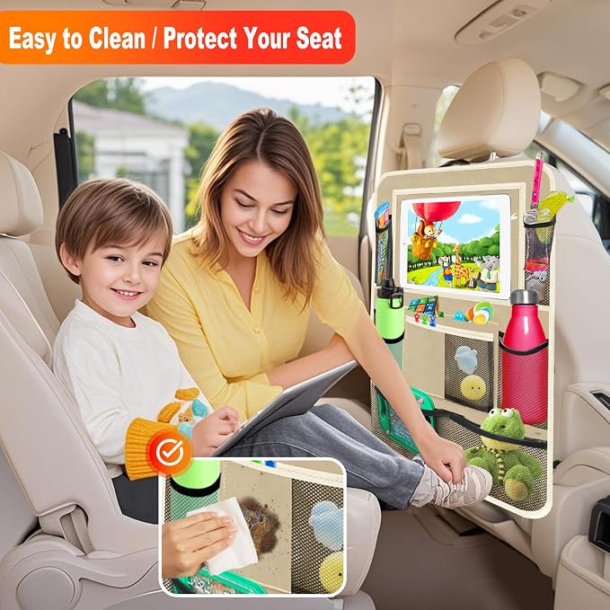 Car Backseat Organizer ，2 Pack Car Organizer Back Seat with 11" Tablet Holder, 10 Storage Pockets Seat Back Protectors Kick Mats for Kids Toddlers, Travel Accessories (Beige) - Image 4